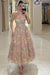 Off-the-Shoulder Tulle Floral Prom Dress Tea Length Aline Formal Dress with Beadings