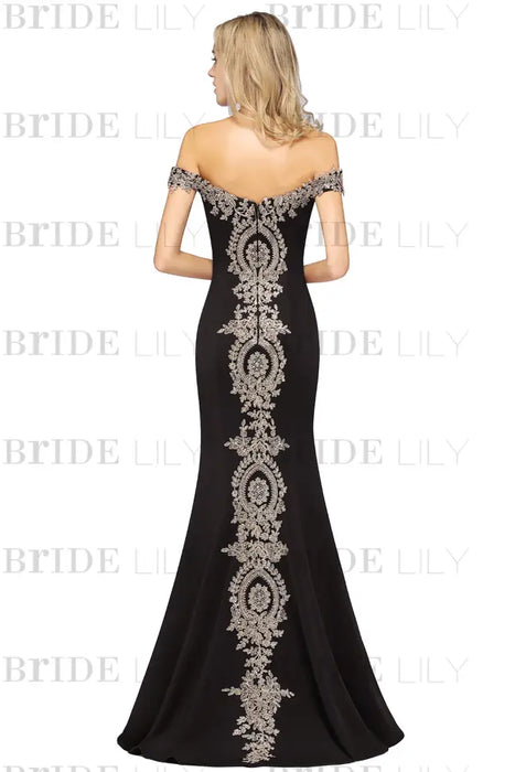 Off-the-Shoulder Formal Gown Gold Lace Applique Floor Length Mermaid Evneing Dress - Prom Dresses
