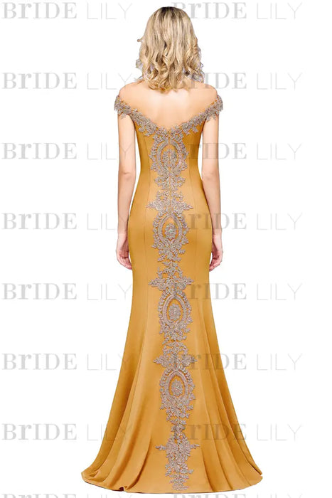 Off-the-Shoulder Formal Gown Gold Lace Applique Floor Length Mermaid Evneing Dress - Prom Dresses