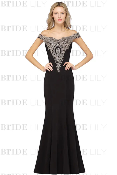 Off-the-Shoulder Formal Gown Gold Lace Applique Floor Length Mermaid Evneing Dress - Dark Navy / US 2 - Prom Dresses