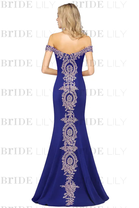 Off-the-Shoulder Formal Gown Gold Lace Applique Floor Length Mermaid Evneing Dress - Prom Dresses