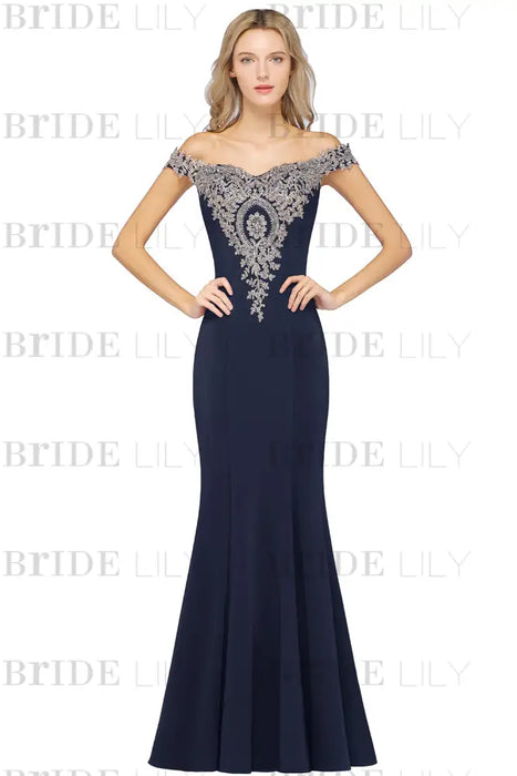 Off-the-Shoulder Formal Gown Gold Lace Applique Floor Length Mermaid Evneing Dress - Prom Dresses