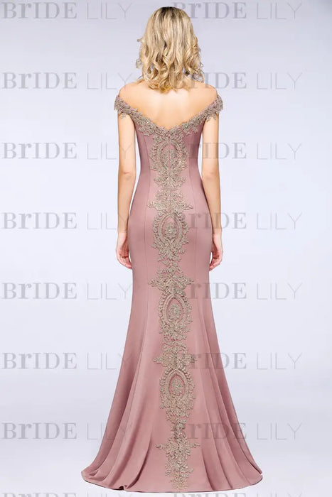 Off-the-Shoulder Formal Gown Gold Lace Applique Floor Length Mermaid Evneing Dress - Prom Dresses