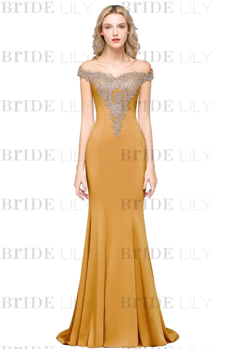 Off-the-Shoulder Formal Gown Gold Lace Applique Floor Length Mermaid Evneing Dress - Mustard / US 2 - Prom Dresses