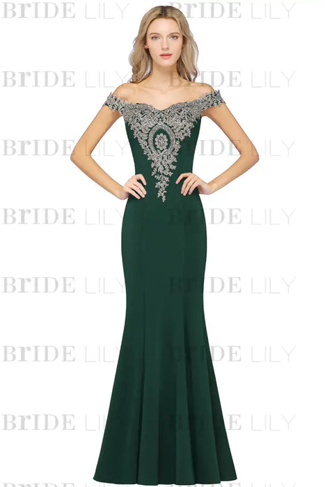 Off-the-Shoulder Formal Gown Gold Lace Applique Floor Length Mermaid Evneing Dress - Dark Green / US 2 - Prom Dresses
