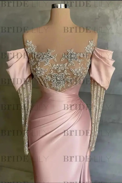 Off-The-Shoulder Front Split Mermaid Long Sleeves Prom Dress in Pink With Beadings and Appliques