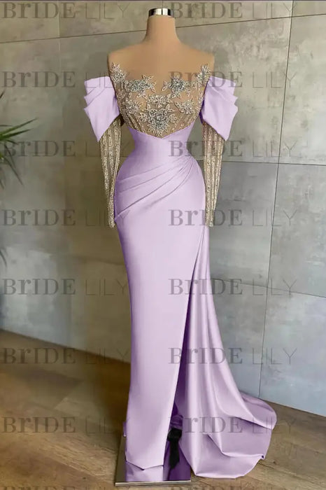 Off-The-Shoulder Front Split Mermaid Long Sleeves Prom Dress Pink With Beadings and Appliques - Prom Dresses