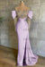 Off-The-Shoulder Front Split Mermaid Long Sleeves Prom Dress Pink With Beadings and Appliques - Prom Dresses