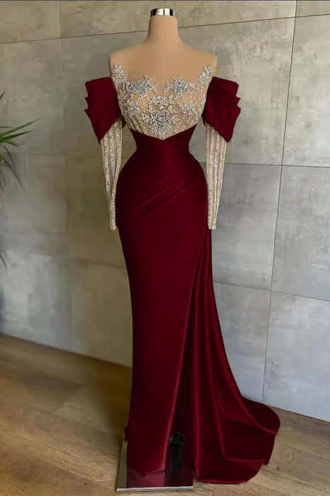 Off-The-Shoulder Front Split Mermaid Long Sleeves Prom Dress Pink With Beadings and Appliques - Prom Dresses