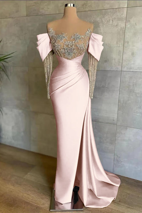 Off-The-Shoulder Front Split Mermaid Long Sleeves Prom Dress Pink With Beadings and Appliques - Prom Dresses