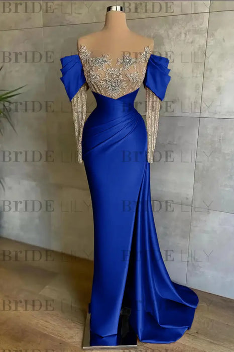 Off-The-Shoulder Front Split Mermaid Long Sleeves Prom Dress Pink With Beadings and Appliques - Prom Dresses