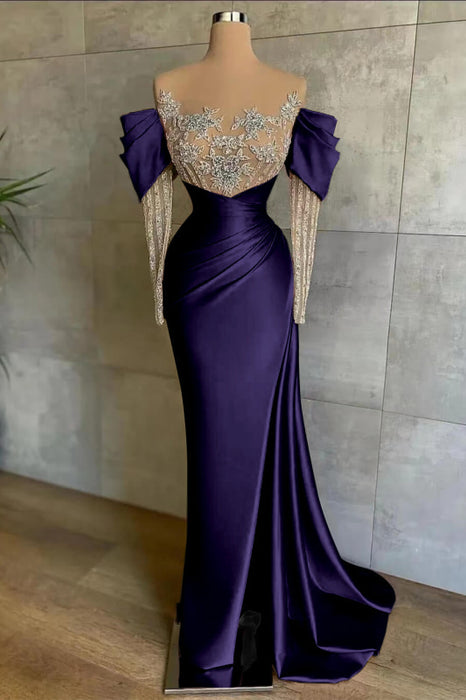 Off-The-Shoulder Front Split Mermaid Long Sleeves Prom Dress Pink With Beadings and Appliques - Prom Dresses