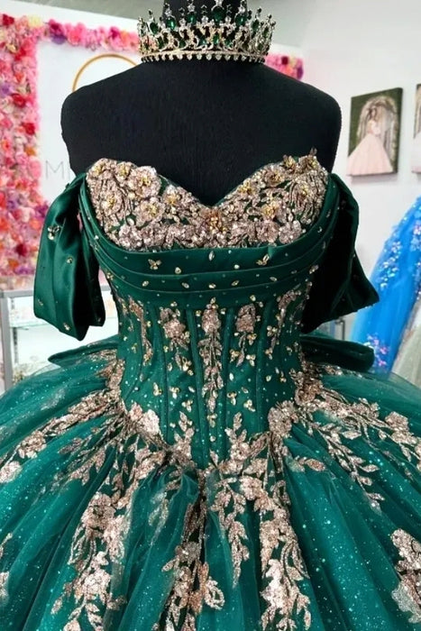 Off-the-Shoulder Glitter Quinceanera Dress Sweet 16 Ball Gown with Gold Appliques