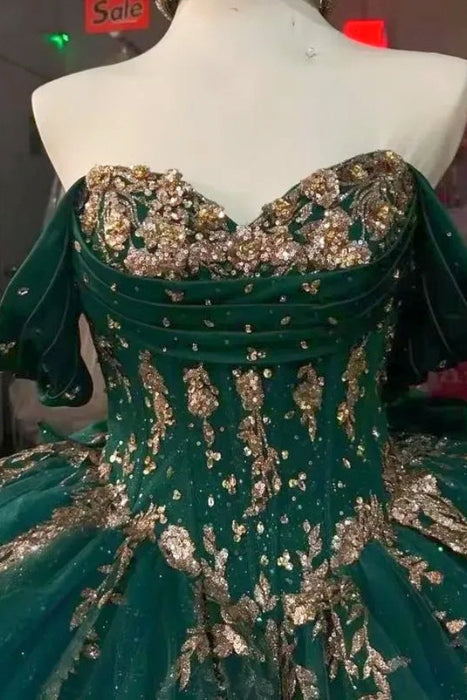Off-the-Shoulder Glitter Quinceanera Dress Sweet 16 Ball Gown with Gold Appliques