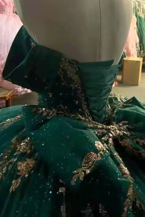 Off-the-Shoulder Glitter Quinceanera Dress Sweet 16 Ball Gown with Gold Appliques