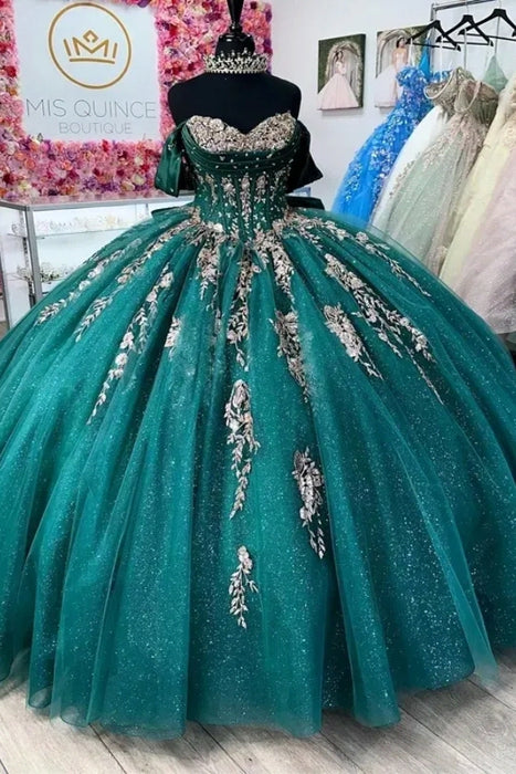 Off-the-Shoulder Glitter Quinceanera Dress Sweet 16 Ball Gown with Gold Appliques