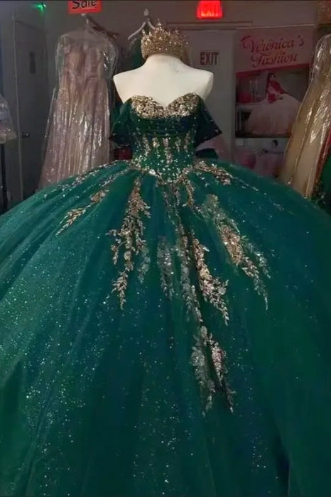 Off-the-Shoulder Glitter Quinceanera Dress Sweet 16 Ball Gown with Gold Appliques