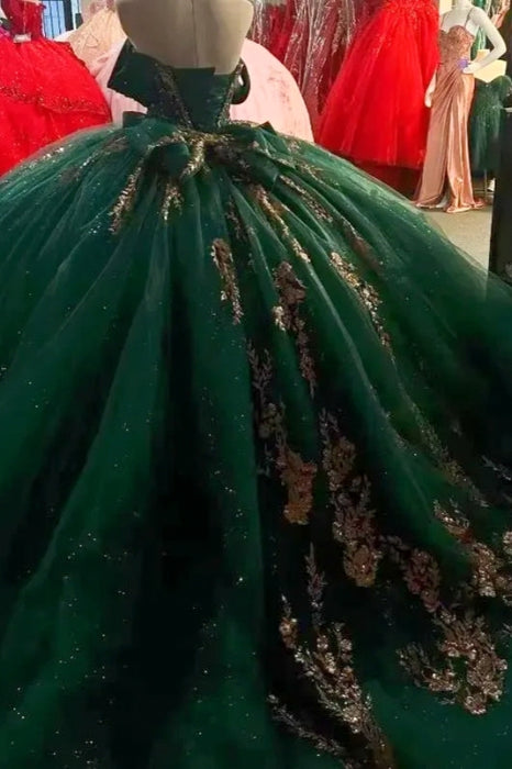 Off-the-Shoulder Glitter Quinceanera Dress Sweet 16 Ball Gown with Gold Appliques