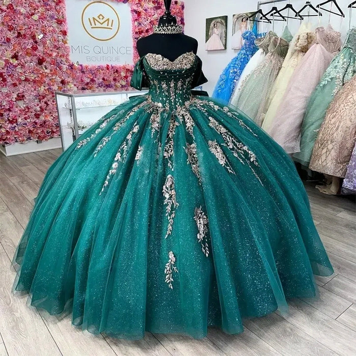Off-the-Shoulder Glitter Quinceanera Dress Sweet 16 Ball Gown with Gold Appliques