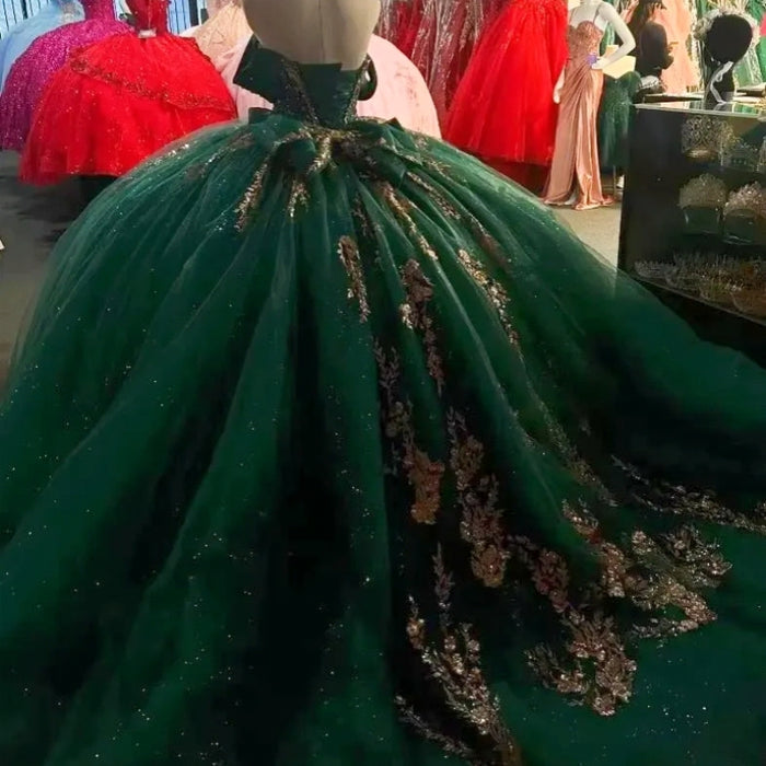 Off-the-Shoulder Glitter Quinceanera Dress Sweet 16 Ball Gown with Gold Appliques