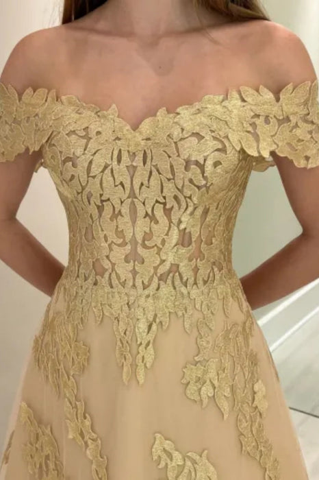 Off-the-Shoulder Gold Aline Wedding Guest Dress Tulle Evening Dress - Prom Dresses