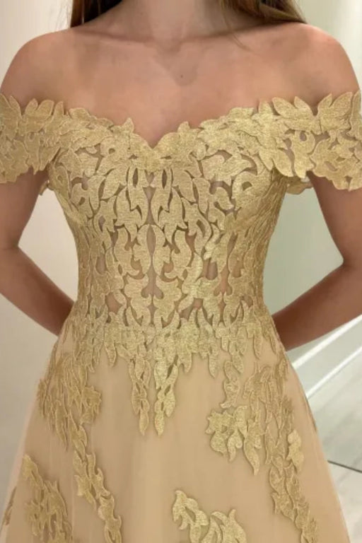 Off-the-Shoulder Gold Aline Wedding Guest Dress Tulle Evening Dress - Prom Dresses