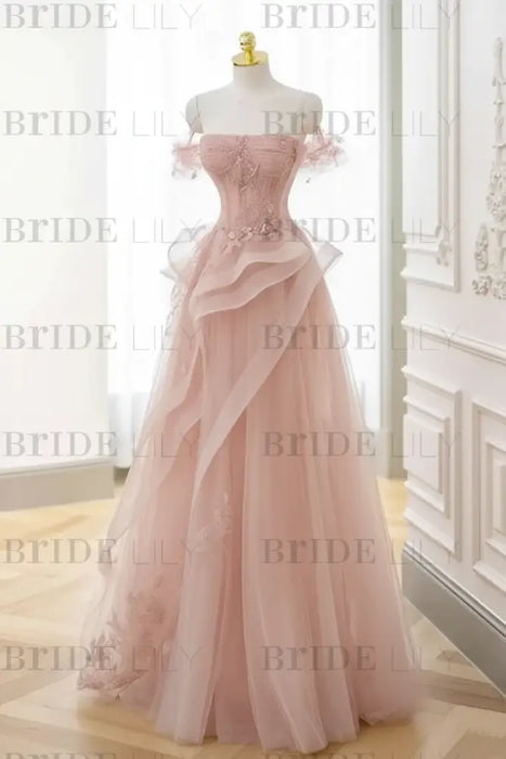 Blush Pink Strapless Prom Dress Off-the-Shoulder A-Line Lace Printed Dress