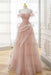 Blush Pink Strapless Prom Dress Off-the-Shoulder A-Line Lace Printed Dress