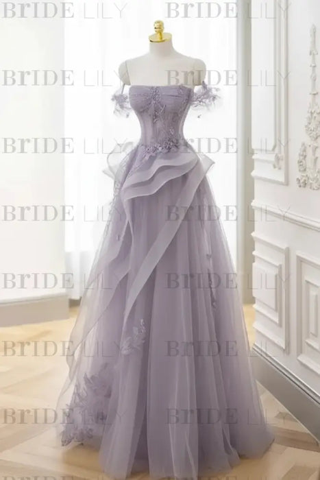 Lavender Strapless Prom Dress Off-the-Shoulder A-Line Lace Printed 