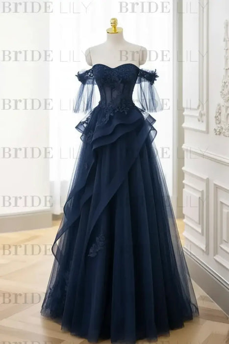 Navy Blue Strapless Prom Dress Off-the-Shoulder A-Line Lace Printed Dress