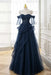 Navy Blue Strapless Prom Dress Off-the-Shoulder A-Line Lace Printed Dress