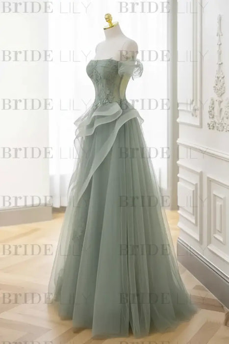 Dusty Sage Strapless Prom Dress Off-the-Shoulder A-Line Lace Printed 
