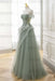 Dusty Sage Strapless Prom Dress Off-the-Shoulder A-Line Lace Printed 