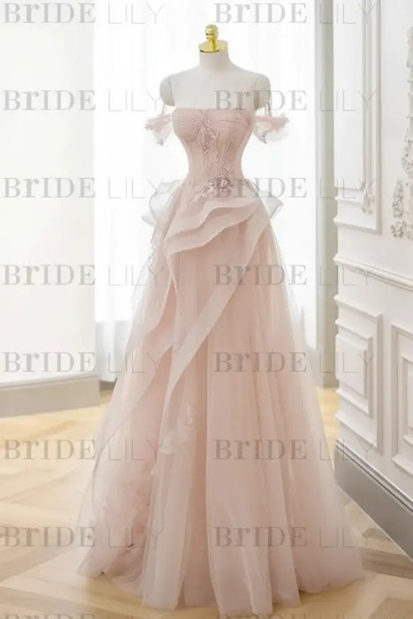 Pearl Pink Strapless Prom Dress Off-the-Shoulder A-Line Lace Printed 