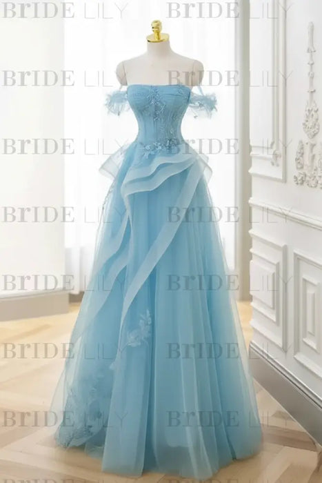 Sky Blue Strapless Prom Dress Off-the-Shoulder A-Line Lace Printed 