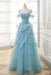 Sky Blue Strapless Prom Dress Off-the-Shoulder A-Line Lace Printed 