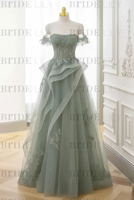 Dusty Sage Strapless Prom Dress Off-the-Shoulder A-Line Lace Printed 