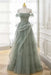 Dusty Sage Strapless Prom Dress Off-the-Shoulder A-Line Lace Printed 