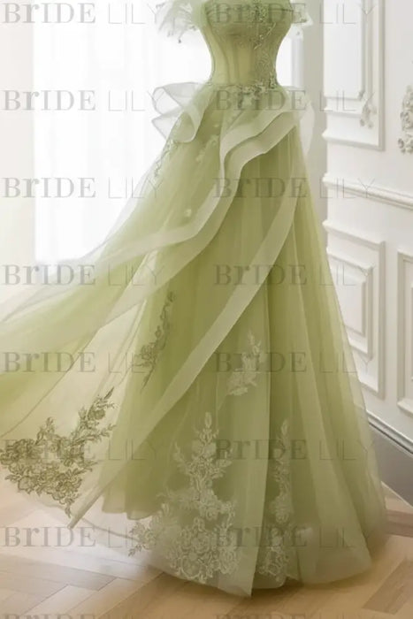 Green Strapless Prom Dress Off-the-Shoulder A-Line Lace Printed Dress