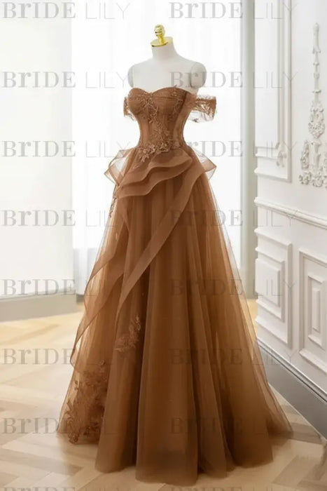 Caramel Strapless Prom Dress Off-the-Shoulder A-Line Lace Printed 
