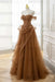Caramel Strapless Prom Dress Off-the-Shoulder A-Line Lace Printed 