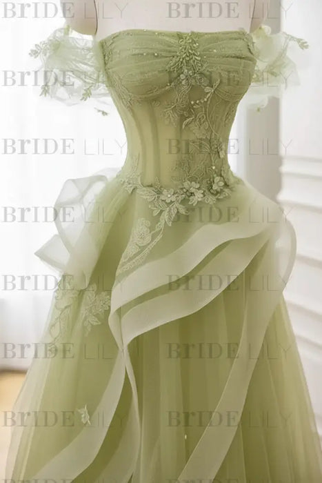 Green Strapless Prom Dress Off-the-Shoulder A-Line Lace Printed Dress