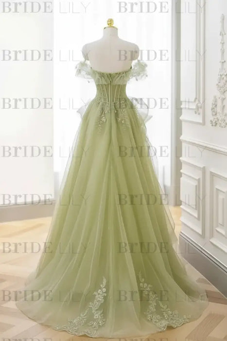 Green Strapless Prom Dress Off-the-Shoulder A-Line Lace Printed Dress