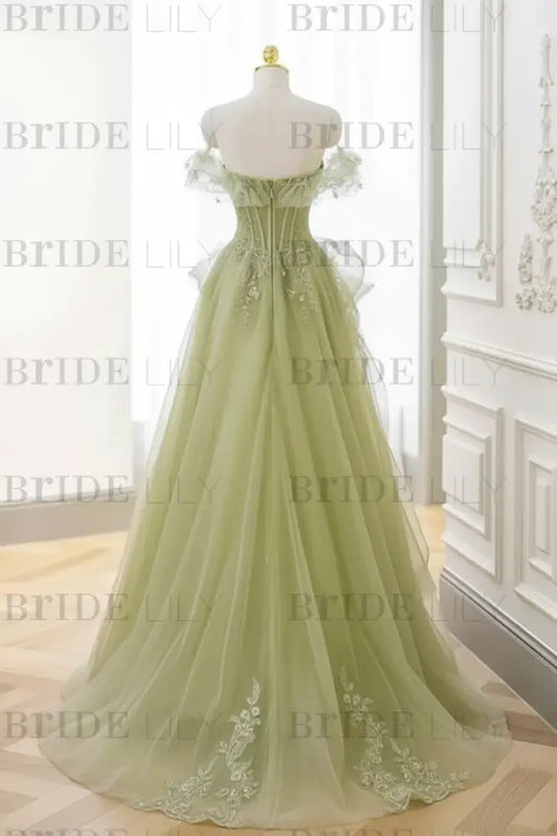 Green Strapless Prom Dress Off-the-Shoulder A-Line Lace Printed Dress