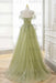 Green Strapless Prom Dress Off-the-Shoulder A-Line Lace Printed Dress