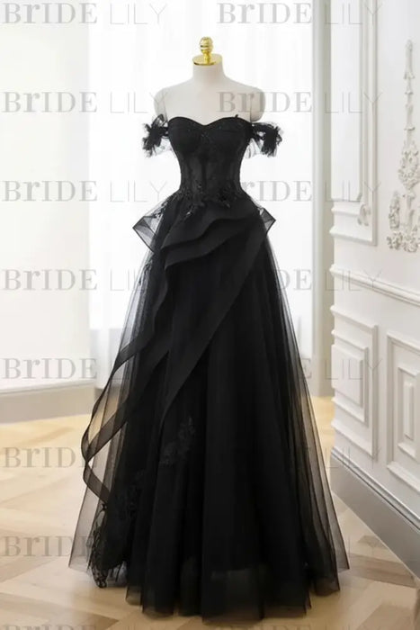 Black Strapless Prom Dress Off-the-Shoulder A-Line Lace Printed Dress