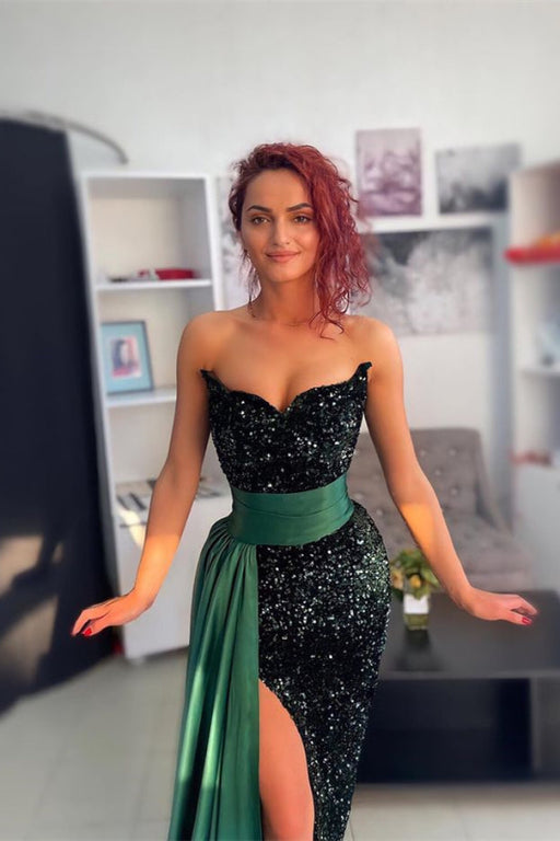 Off-the-shoulder Green Evening Dress with Belt and Sequins
