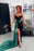Off-the-shoulder Green Evening Dress with Belt and Sequins