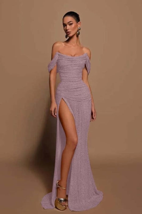 Off-the-shoulder High Slit Sequins Prom Dress Strapless Long Evening Dress