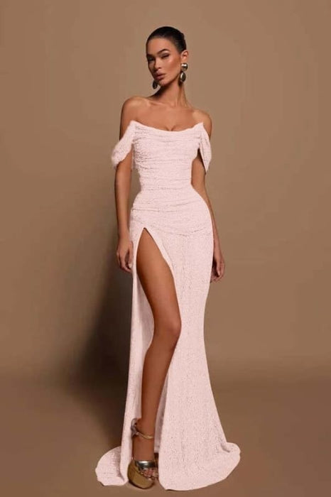 Off-the-shoulder High Slit Sequins Prom Dress Strapless Long Evening Dress